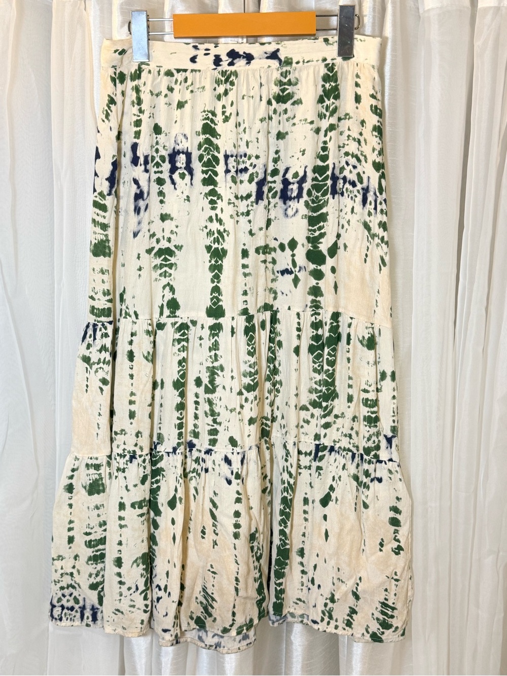 ba&sh Cream Tiered Maxi Skirt with Green & Navy Tie-Dye